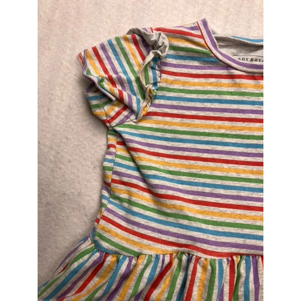 Andy & Evan‎ Girls Rainbow Stripe Tiered Ruffle Pom Pom Trim Dress Size 6 HSS23E